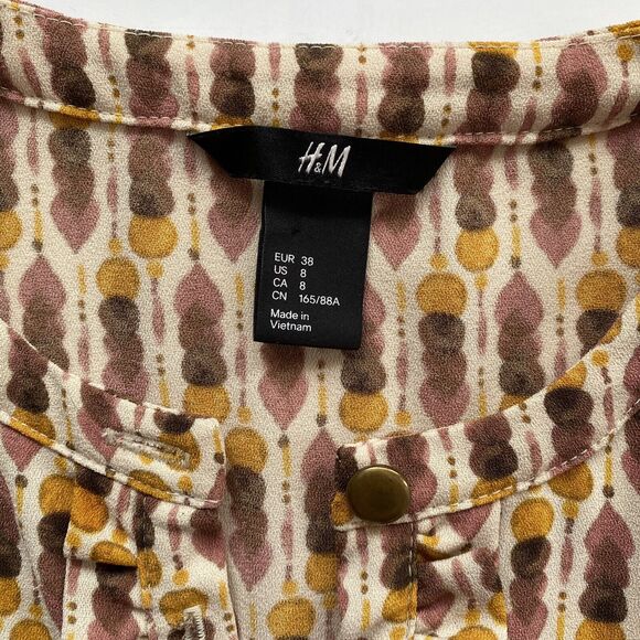 H&M Womens Dress Size 8 Short Shift Mustard Abstract 3/4 Sleeve Ruffle Pockets - Picture 9 of 14